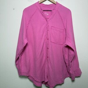Aerie Women Cotton Long Sleeve Dad Shirt Small Pink Gauze‎ Raw Hem Button Up